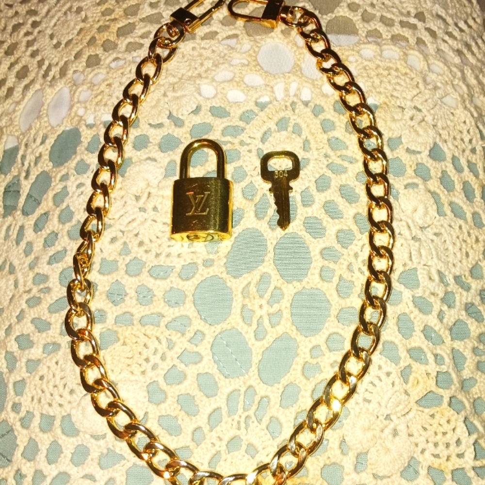 Louis Vuitton Gold Padlock Necklace Charm with Key